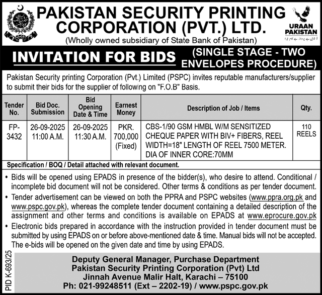 Pakistan Security Printing Corporation Private Limited Karachi Tender Notice